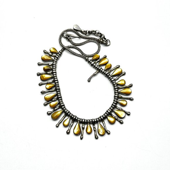 Vintage 1970s-80s Sterling Silver and Golden Mother of Pearl Fringe Bib Necklace - Picture 9 of 12